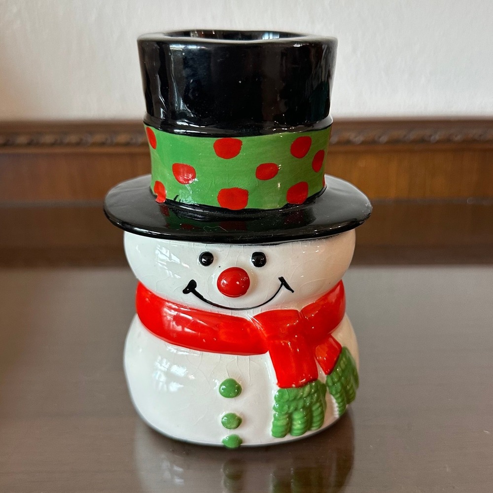 Vintage Snowman Ceramic Candle Holder Made‎ in Japan Christmas Figurine Top Hat